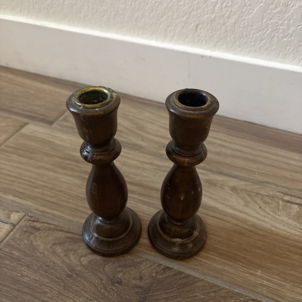 Vintage Turned Wood Candlesticks Pair Brass Tops Dark Wood Antique Style 6.5"